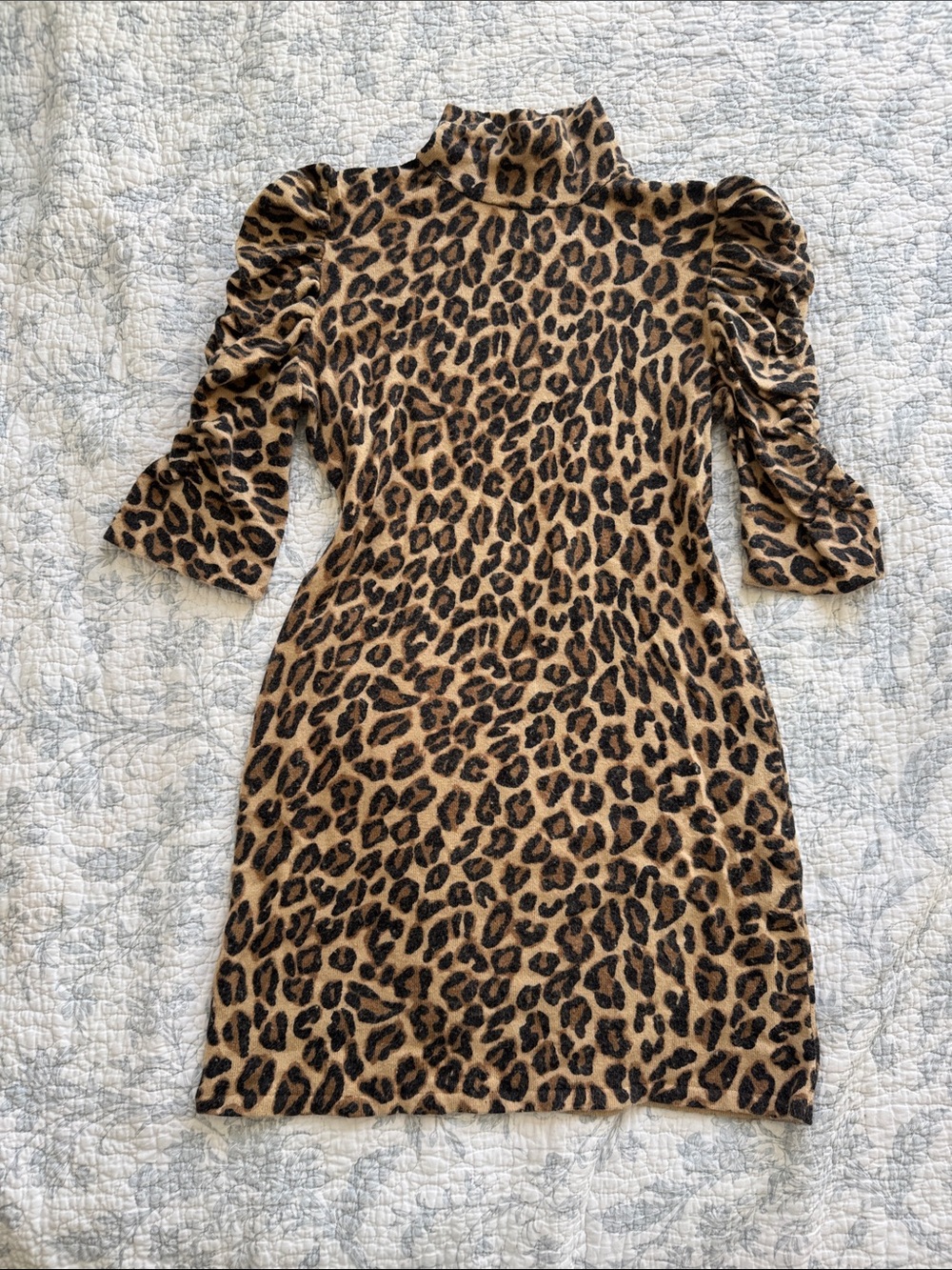 Leopard Print Turtleneck Midi Dress - Tan & Black mock neck rabbit fur